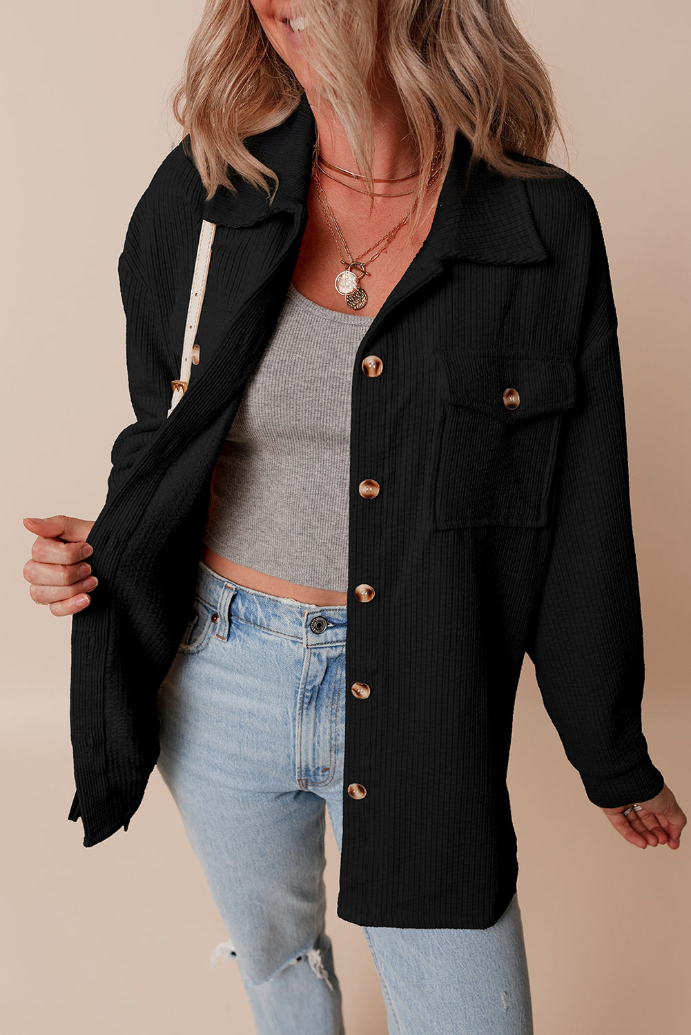 Black Corduroy Flap Pocket Button Up Shacket-Chaelisa's New Jammies