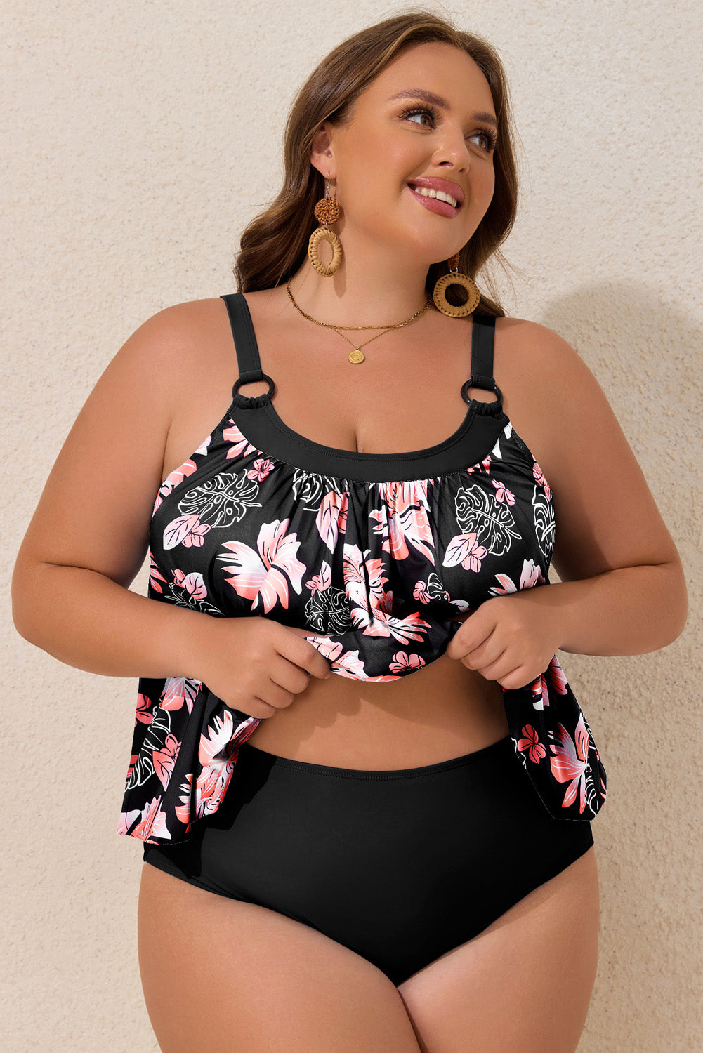 Black 2pcs Plus Size Wide Strap Floral Top Tankini Set-Chaelisa's New Jammies