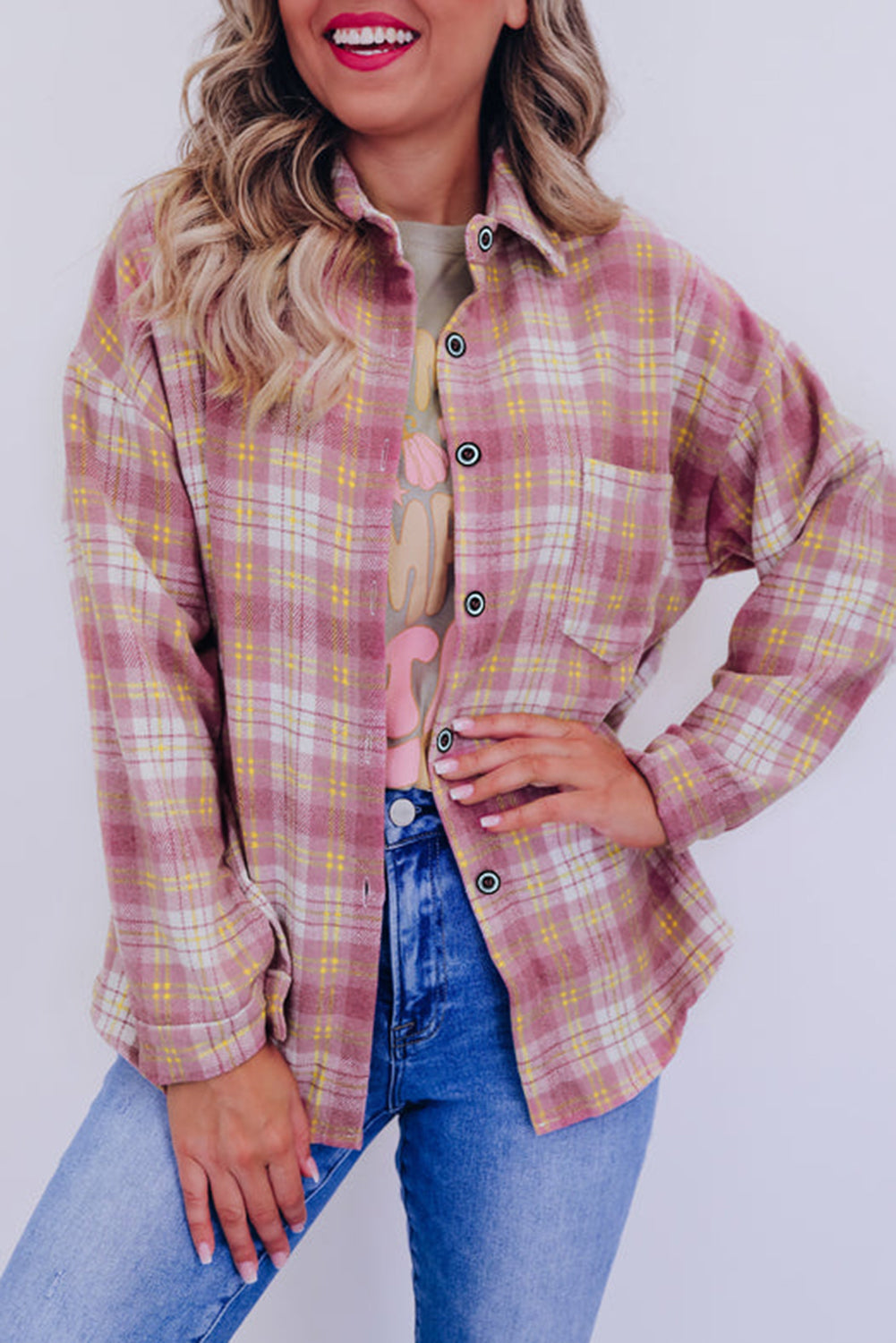Pink Plaid Print Chest Pocket Long Sleeve Shacket-Chaelisa's New Jammies