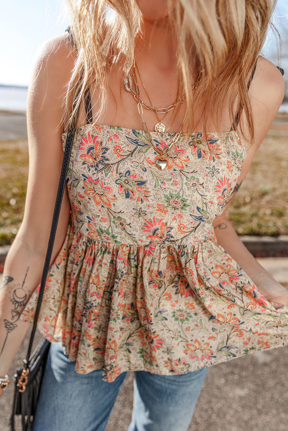 Apricot Floral Print Spaghetti Straps Ruffled Peplum Tank Top-Chaelisa's New Jammies