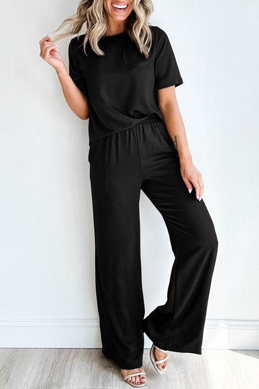 Black Solid Color T Shirt 2pcs Wide Leg Pants Set-Chaelisa's New Jammies