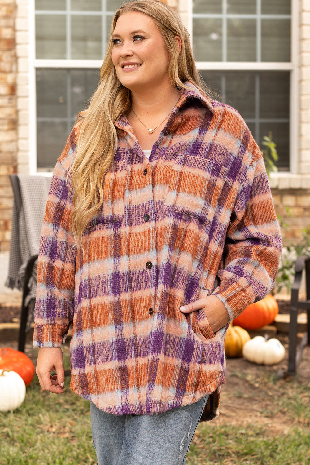 Multicolour Plus Size Plaid Print Collared Button up Jacket-Chaelisa's New Jammies