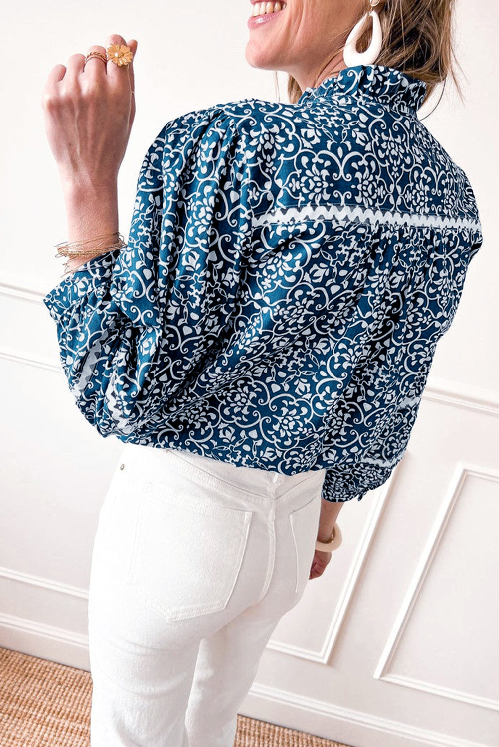 Blue Floral Ric-rac Patchwork Button Loose Fit Shirt-Chaelisa's New Jammies