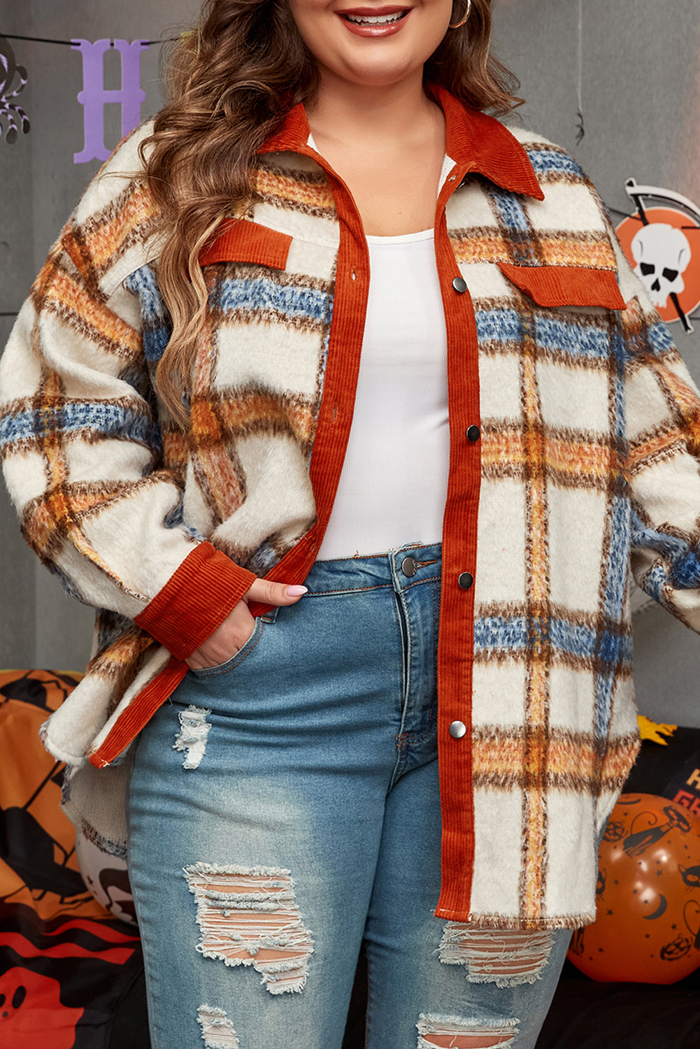 Brown Stripe Plus Size Plaid Print Collared Buttoned Jacket-Chaelisa's New Jammies