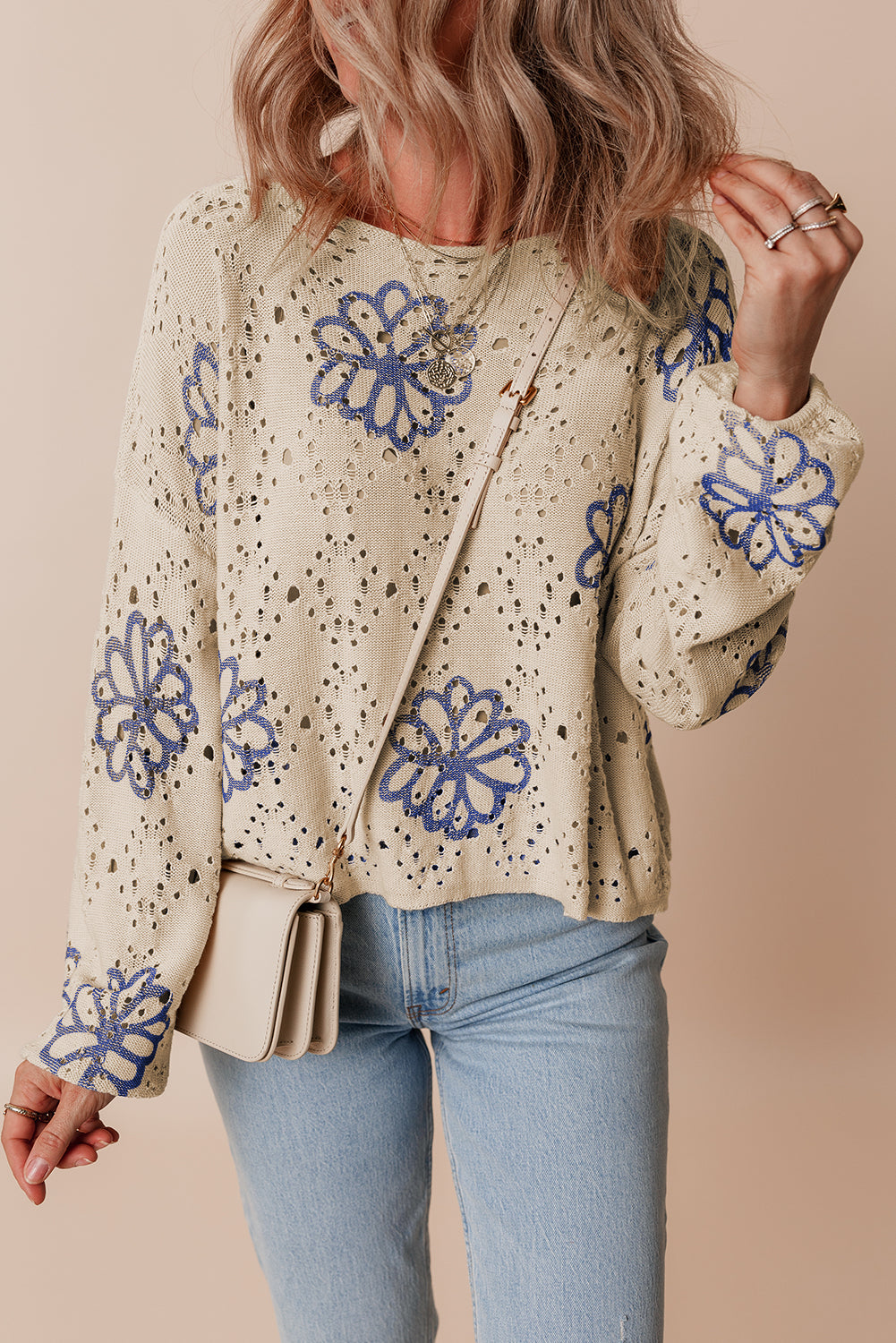 Beige Contrast Flower Print Eyelet Drop Shoulder Sweater-Chaelisa's New Jammies
