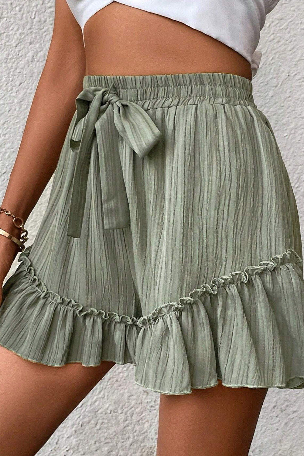 Laurel Green Textured Tie Waist Ruffle Hem Shorts-Chaelisa's New Jammies