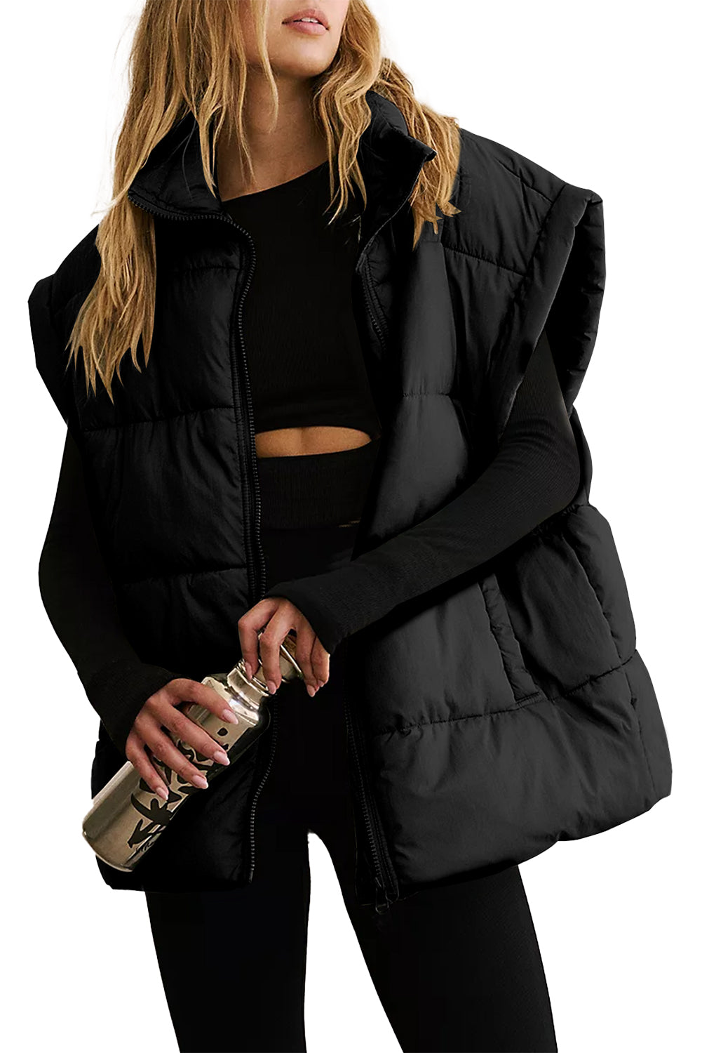 Black Solid Zipper Stand Neck Oversized Puffer Vest-Chaelisa's New Jammies