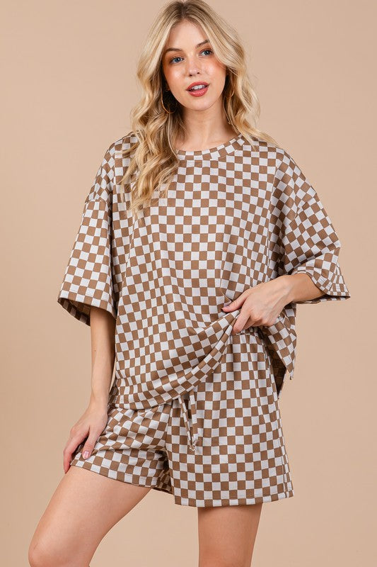 Ces Femme Checkered Round Neck Top and Shorts Set-Chaelisa's New Jammies