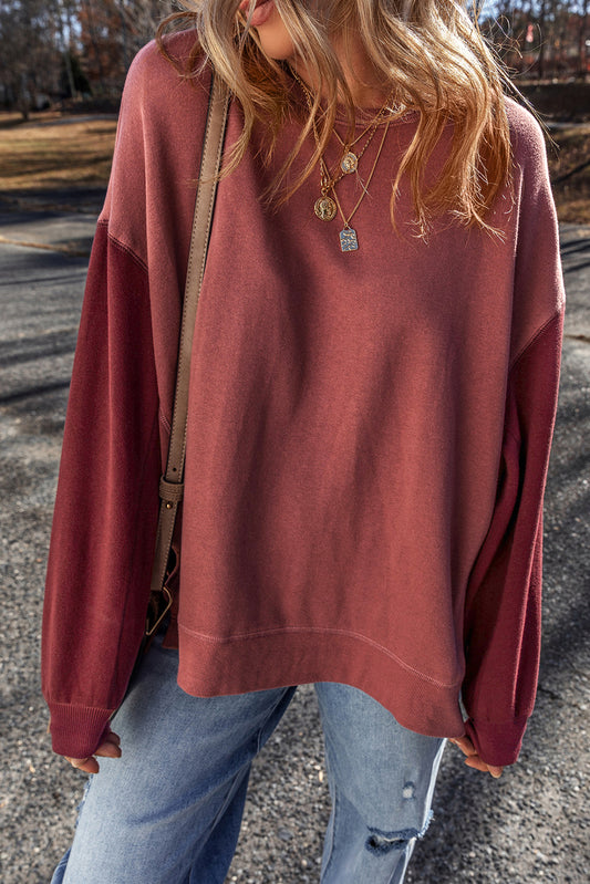 Mineral Red Two Tone Patchwork Drop Shoulder Pullover Sweatshirt-Chaelisa's New Jammies