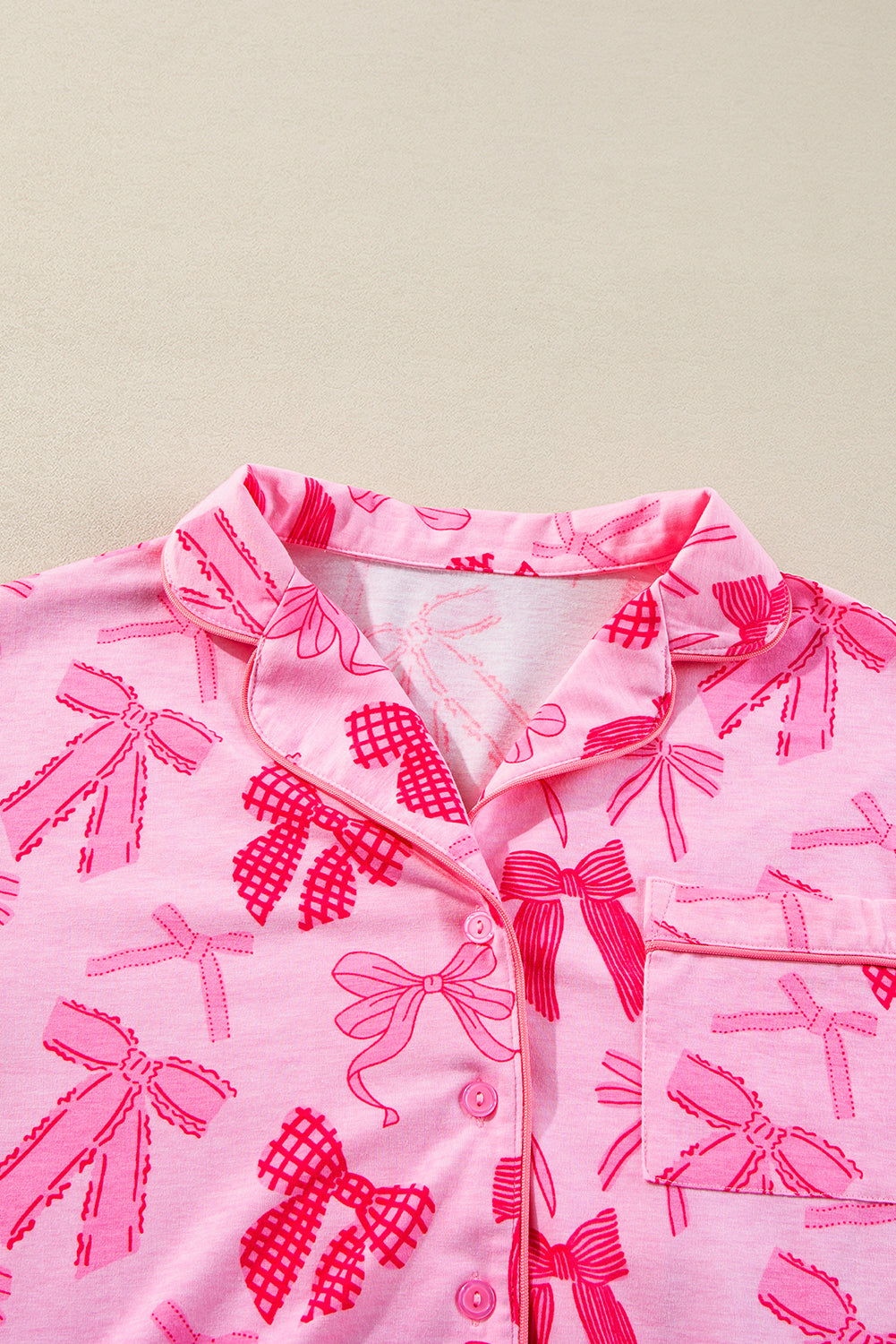 Pink Bow Knot Print Lapel Collar Short Sleeve and Pants Pajamas Set-Chaelisa's New Jammies