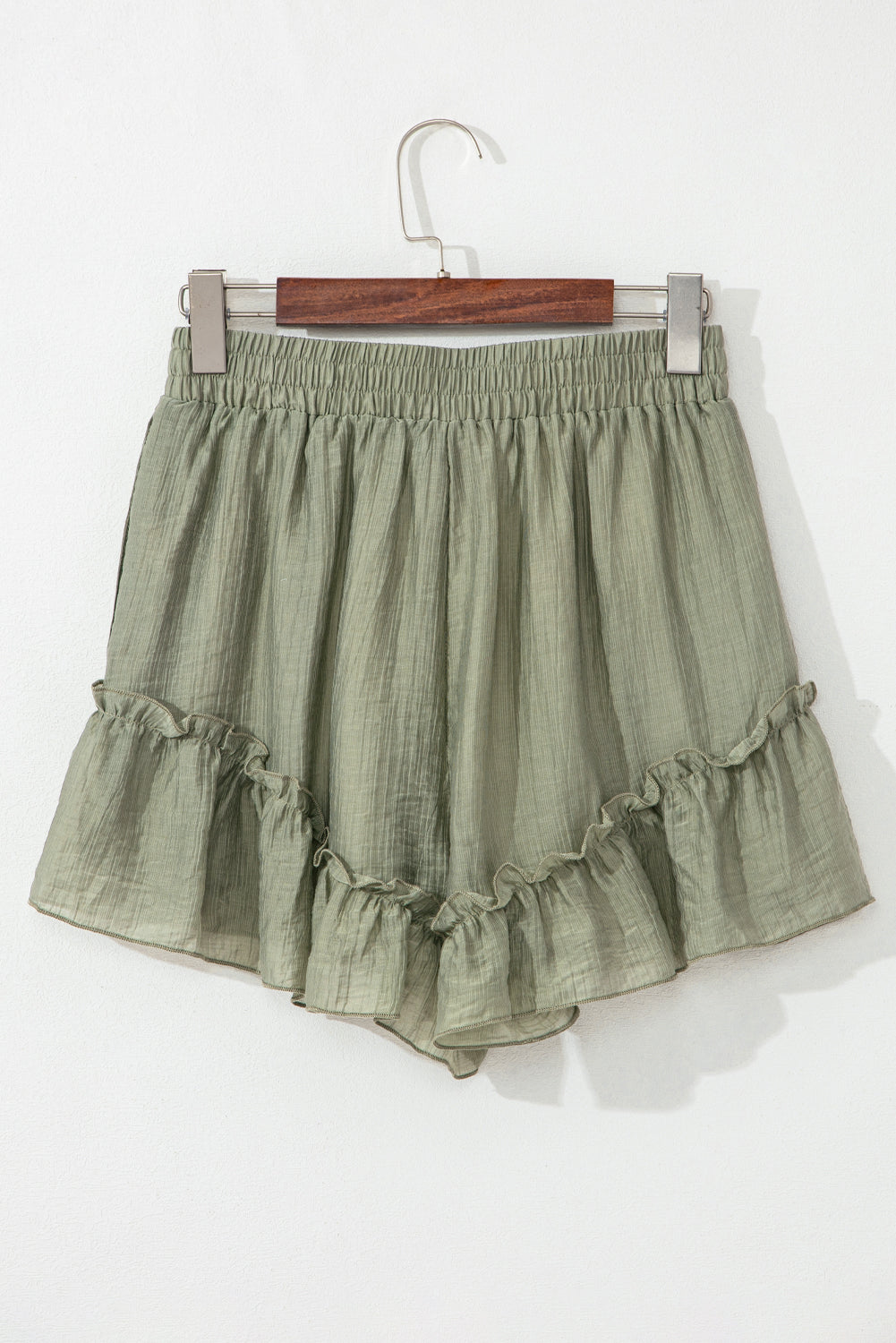 Laurel Green Textured Tie Waist Ruffle Hem Shorts-Chaelisa's New Jammies
