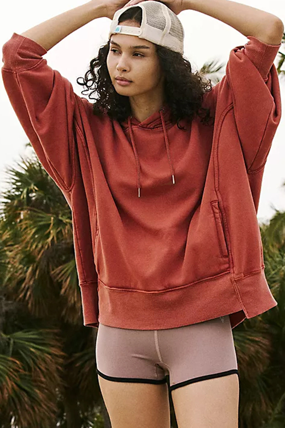 Red Clay Drop Shoulder Pocketed Baggy Drawstring Hoodie-Chaelisa's New Jammies