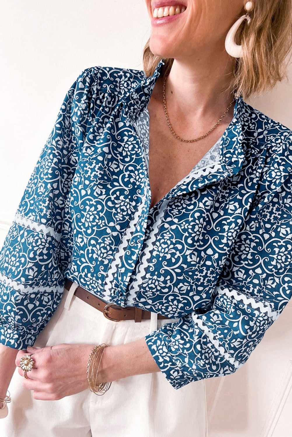 Blue Floral Ric-rac Patchwork Button Loose Fit Shirt-Chaelisa's New Jammies