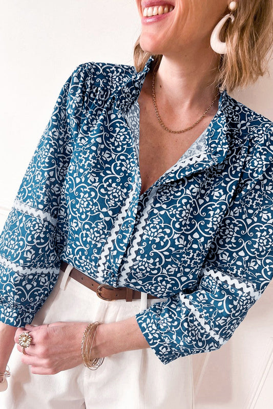 Blue Floral Ric-rac Patchwork Button Loose Fit Shirt-Chaelisa's New Jammies