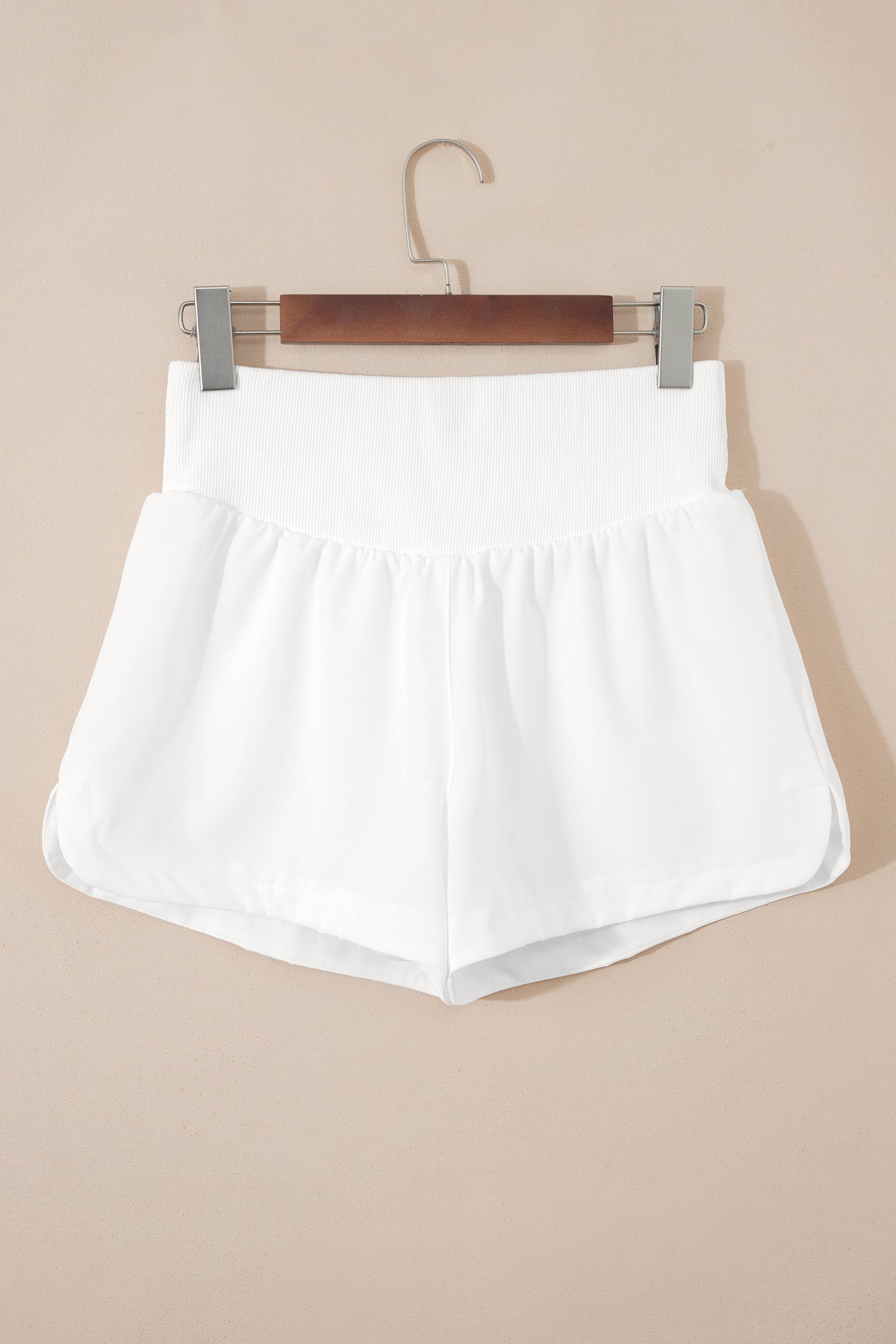 White Solid Color Ribbed Patchwork High Waist Athletic Shorts