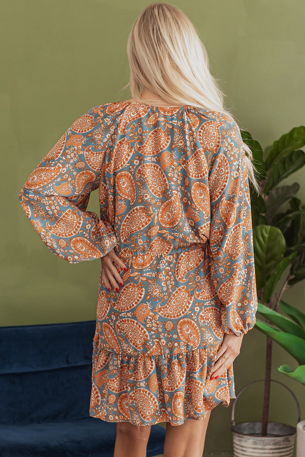 Orange Paisley Print Loose Fit Drawstring High Waist Mini Dress-Chaelisa's New Jammies