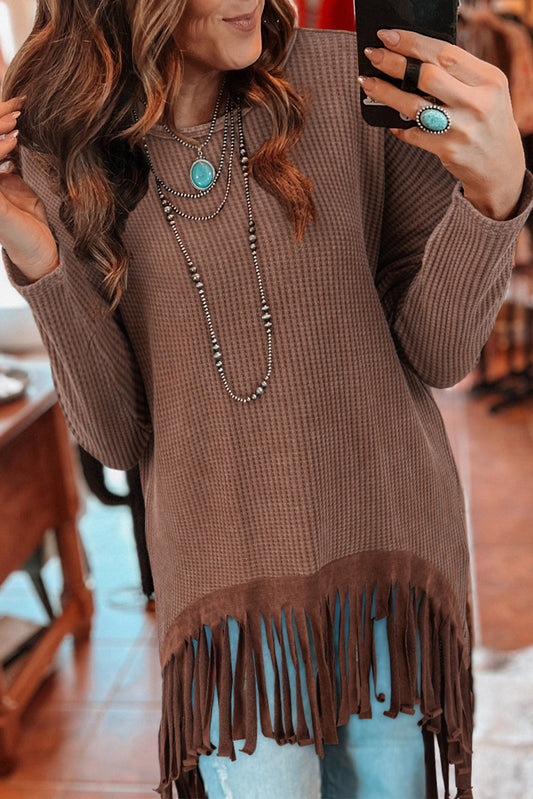 Coffee Waffle Knit Fringed High Low Loose Top-Chaelisa's New Jammies