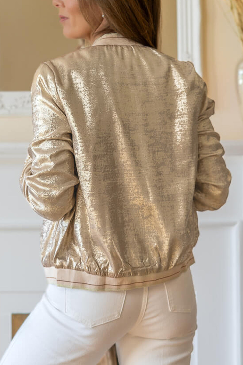 Pale Khaki Metallic Zip up Baseball Jacket-Chaelisa's New Jammies
