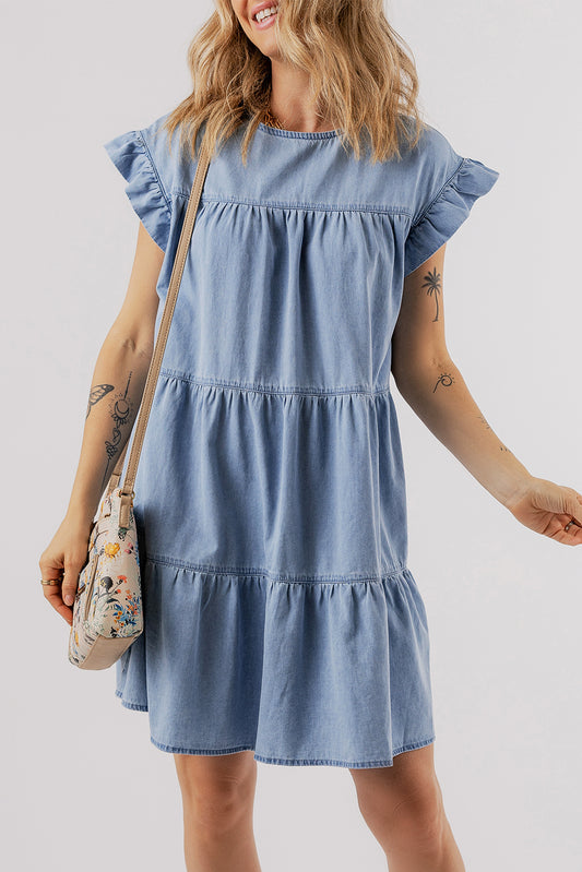 Beau Blue Ruffle Short Sleeve Tiered A-line Denim Dress-Chaelisa's New Jammies