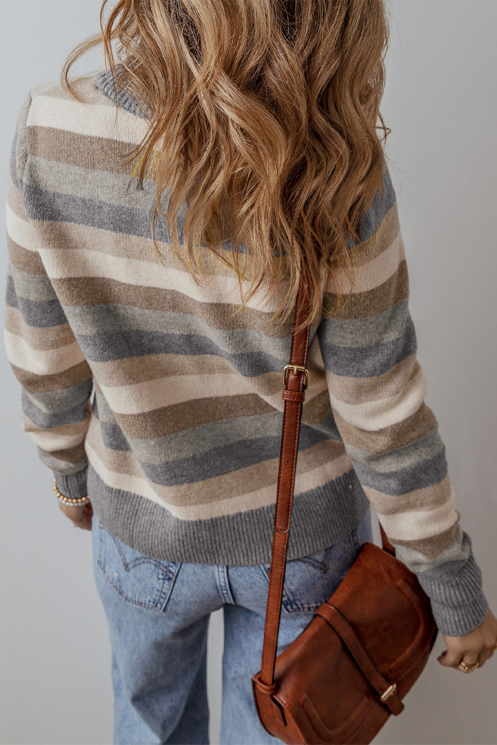 Gray Stripe Color Block Ribbed Edge Round Neck Sweater-Chaelisa's New Jammies