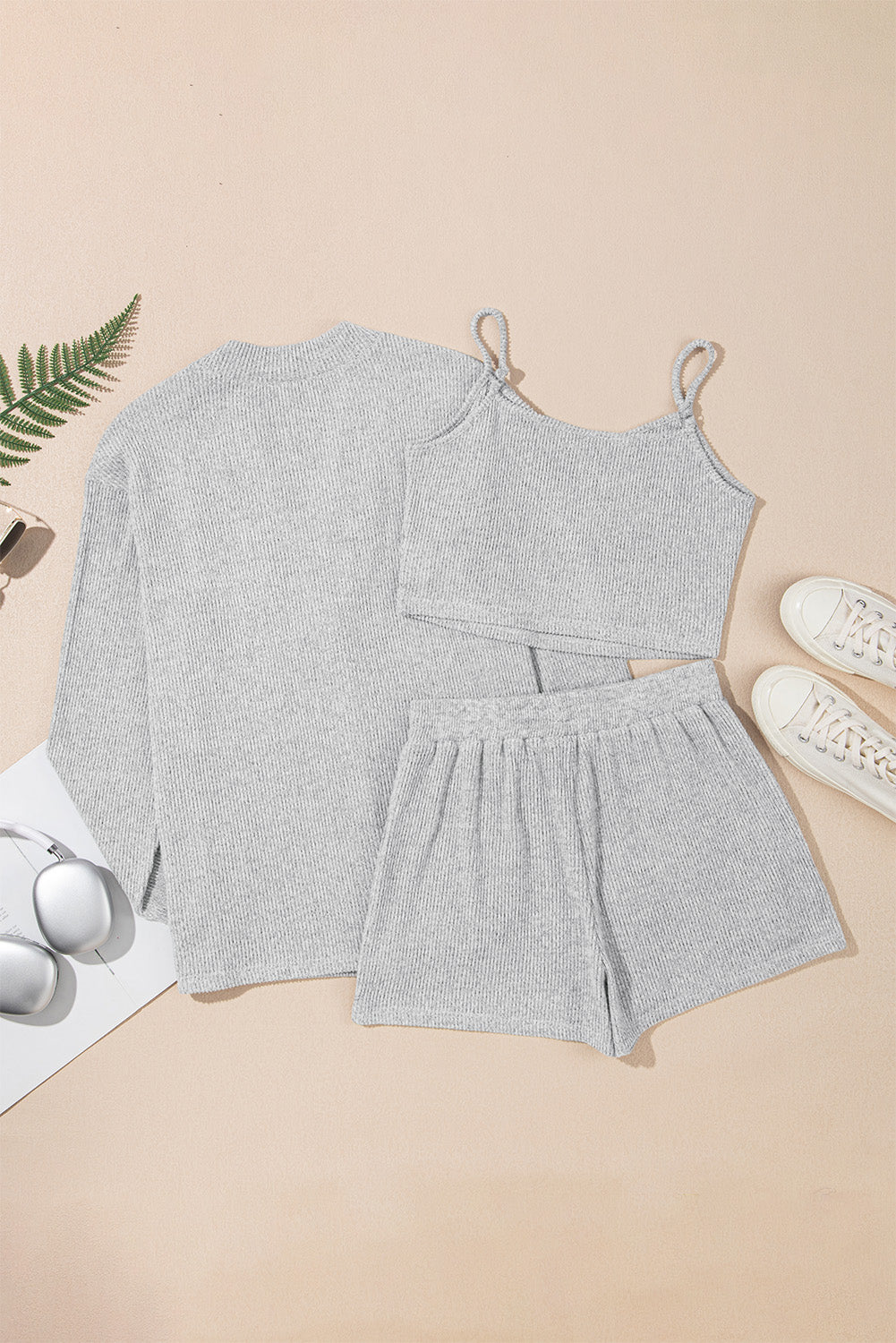 Light Grey 3 Pieces Rib Crop Camisole Matching Shorts Lounge Set with Cardigan-Chaelisa's New Jammies