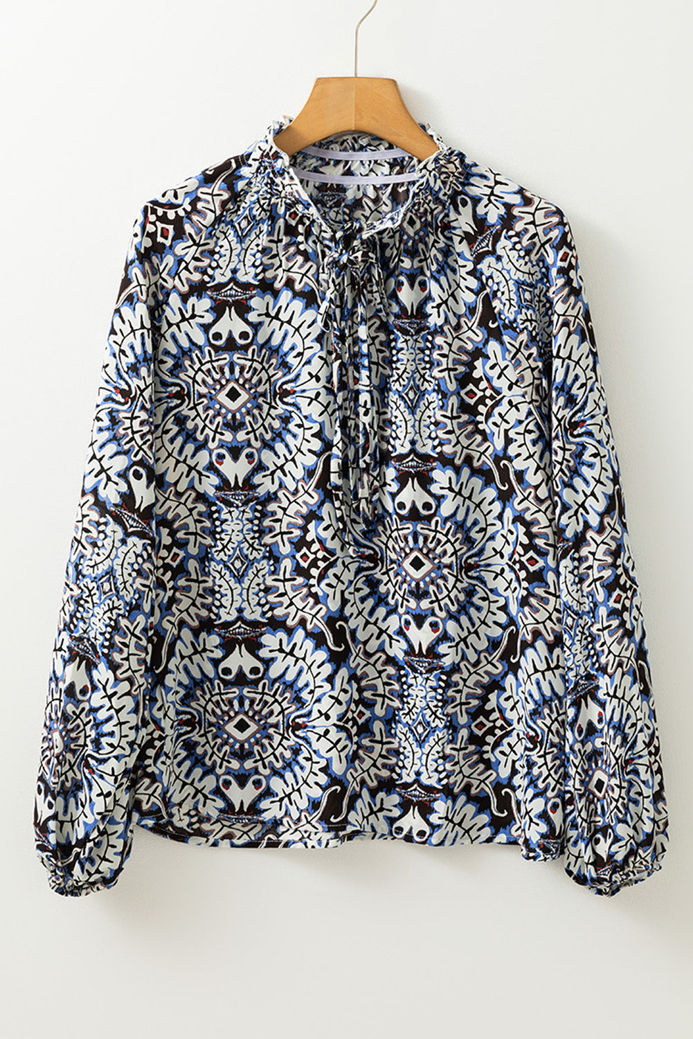 Blue Tribal Print Lace-up Frilled Neck Puff Sleeve Blouse-Chaelisa's New Jammies