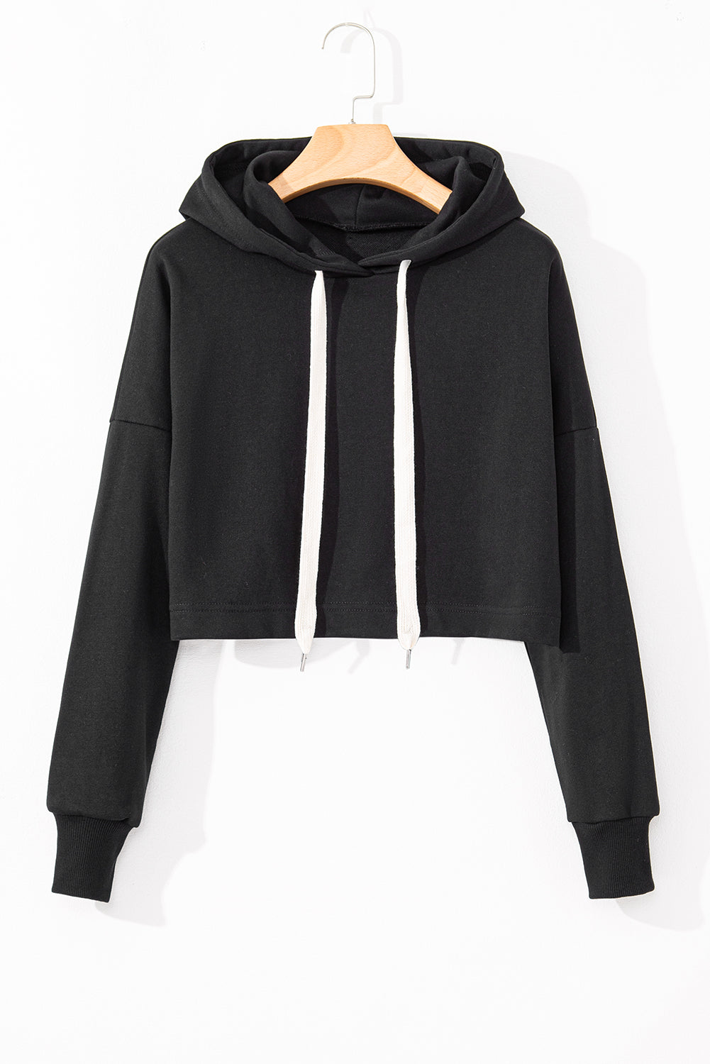 Black Solid Drop Shoulder Drawstring Cropped Hoodie-Chaelisa's New Jammies