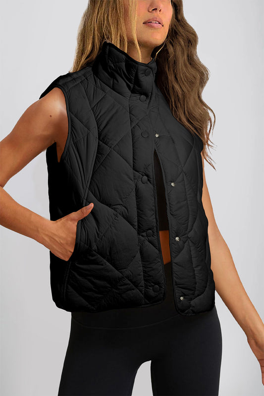 Black Quilted High Neck Button Up Pocket Vest Coat-Chaelisa's New Jammies