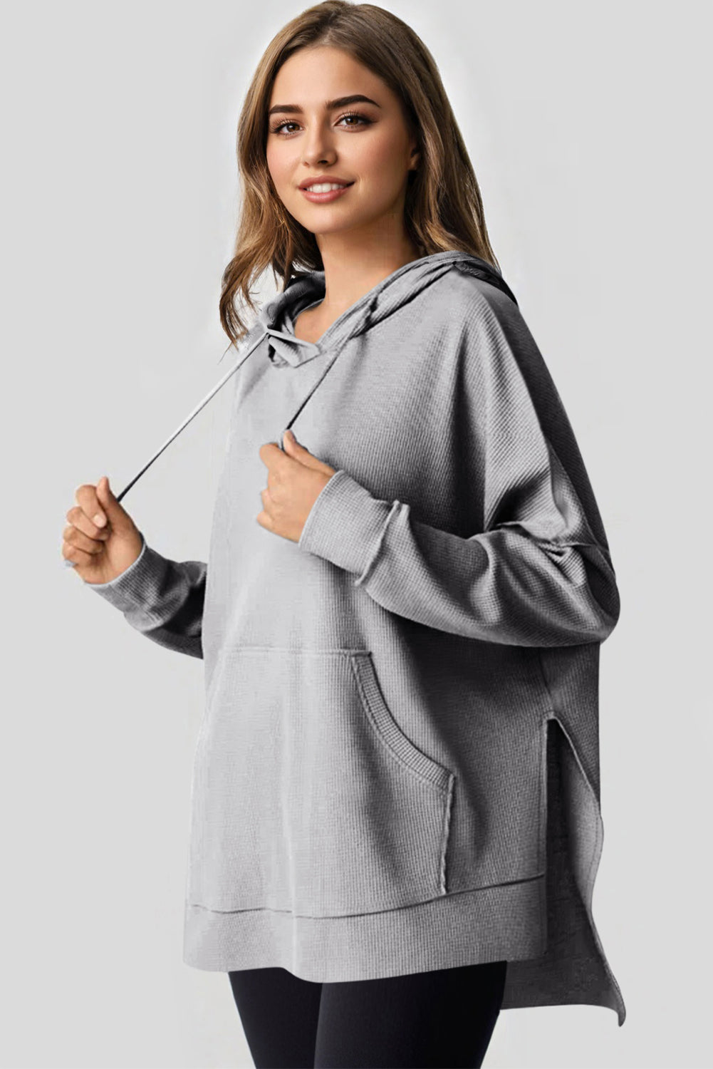 Gray Waffle Knit Fleece Lined High Low Oversized Hoodie-Chaelisa's New Jammies