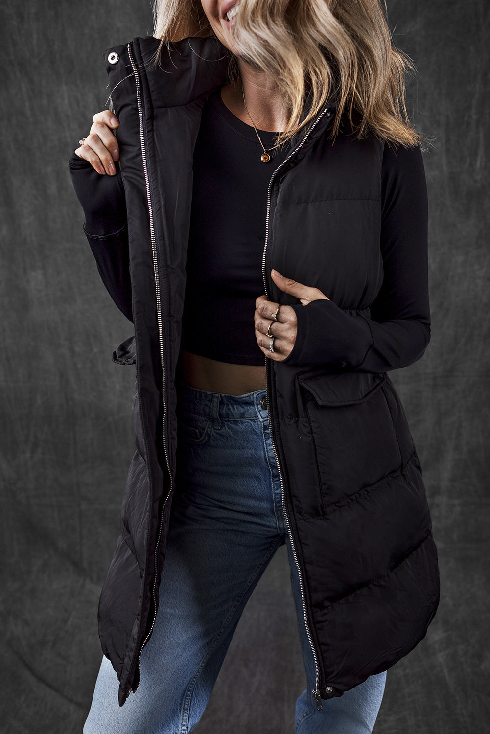 Black Windproof Longline Full Zipper Puffer Vest with Pockets-Chaelisa's New Jammies