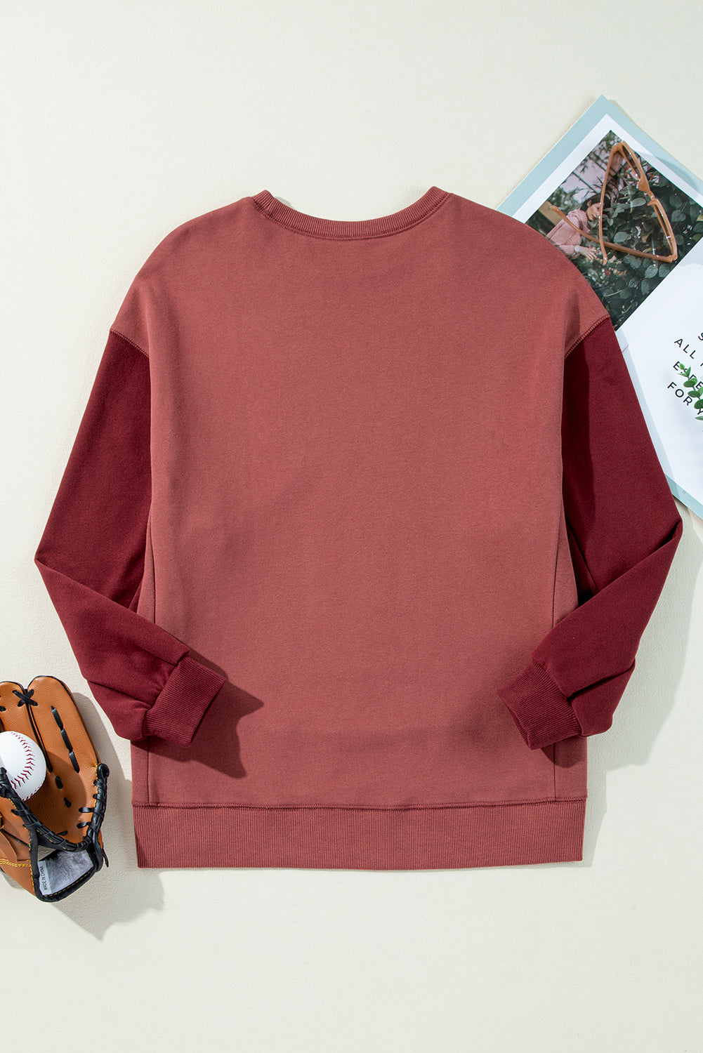 Mineral Red Two Tone Patchwork Drop Shoulder Pullover Sweatshirt-Chaelisa's New Jammies