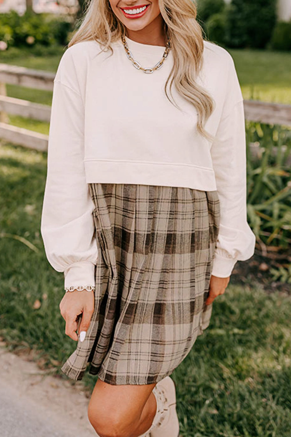 Beige Plaid Patchwork High Waist Sweatshirt Mini Dress-Chaelisa's New Jammies
