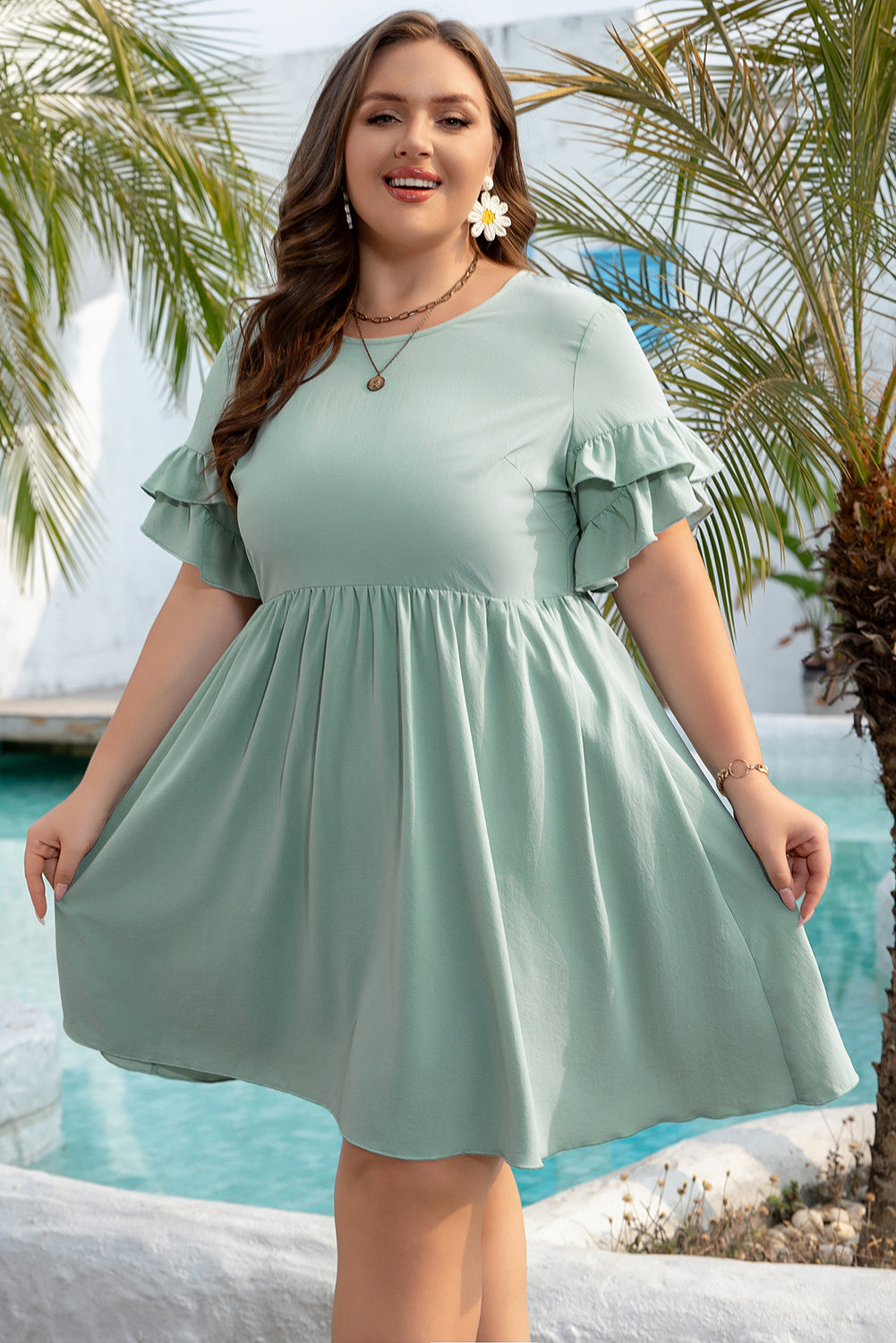 Grass Green Ruffle Trim Short Sleeve Plus Size Flared Mini Dress-Chaelisa's New Jammies