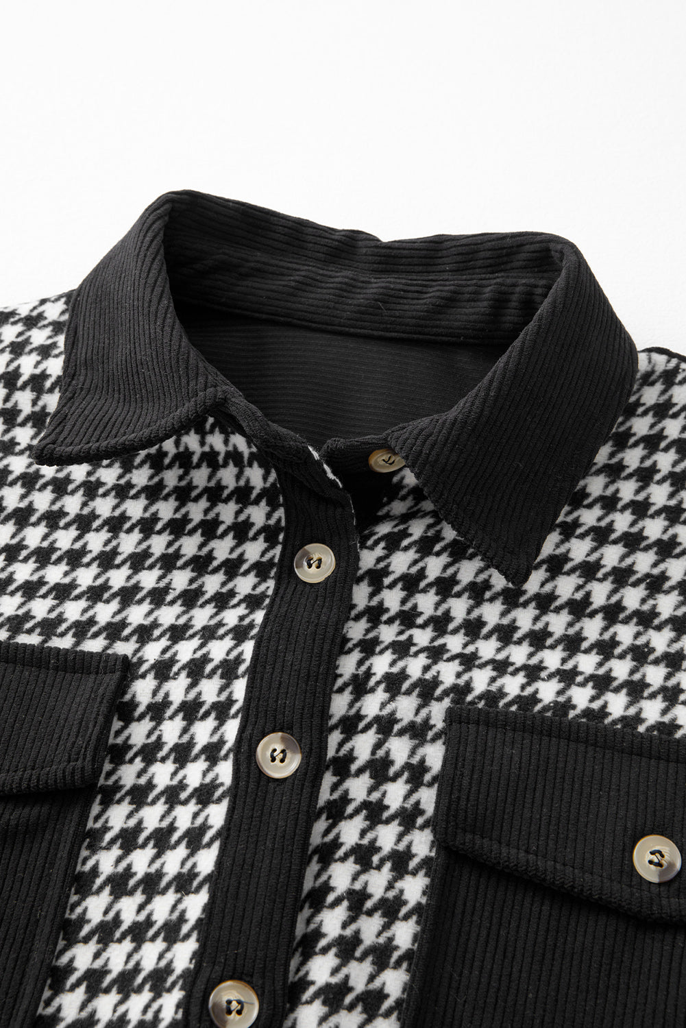 Black Houndstooth Corduroy Patchwork Flap Pocket Shacket-Chaelisa's New Jammies