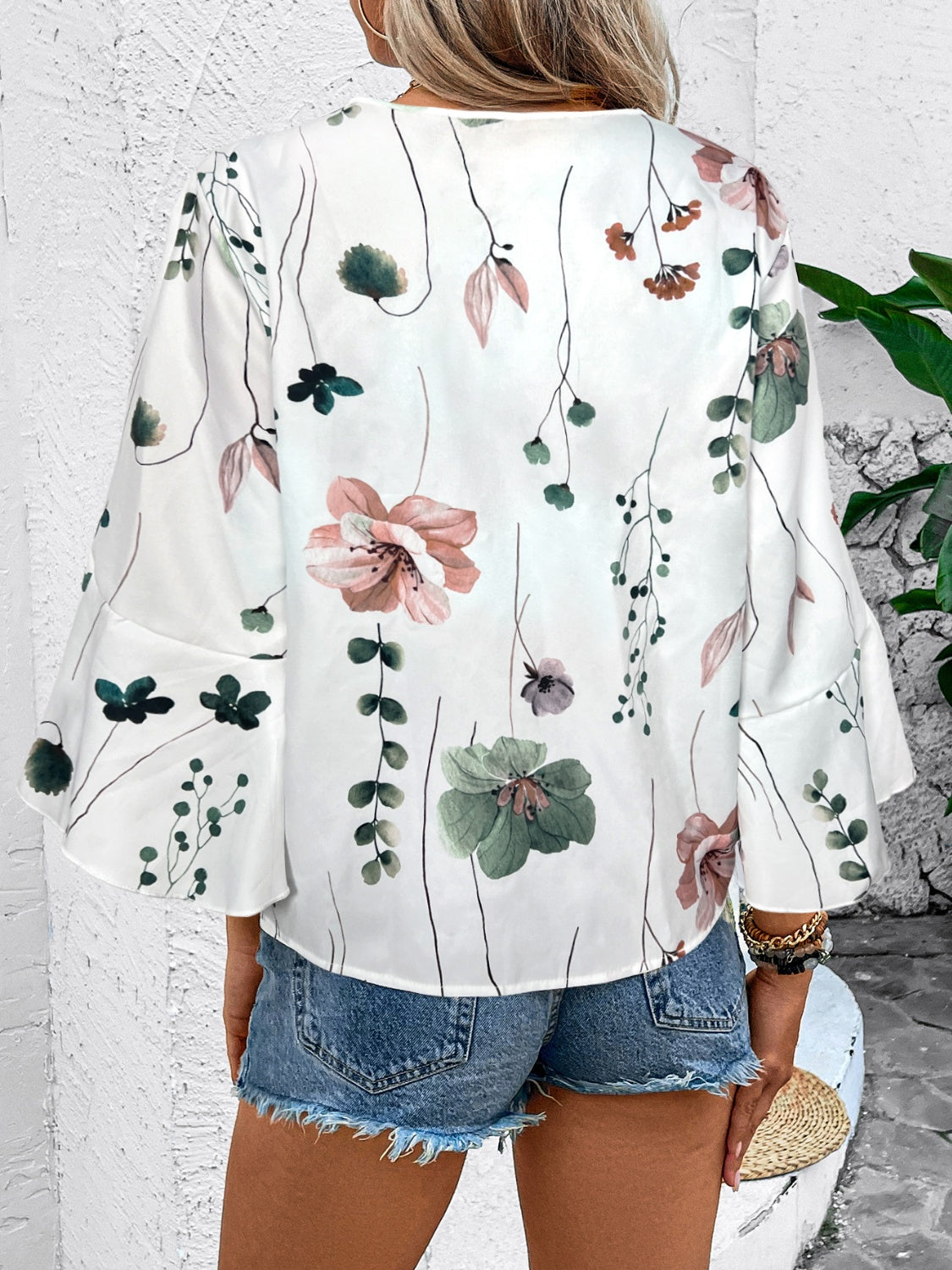Ruffled Printed V-Neck Half Sleeve Blouse-Chaelisa's New Jammies