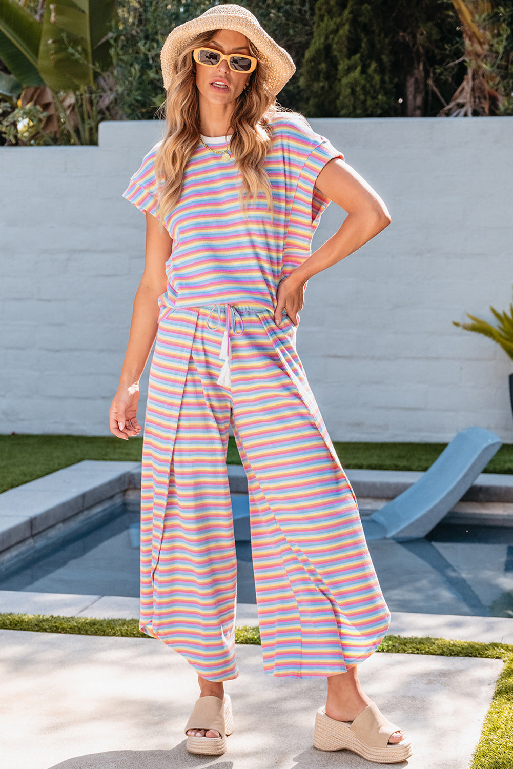 Pink Stripe Rainbow Tee Tasseled String Wide Leg Pants Set-Chaelisa's New Jammies
