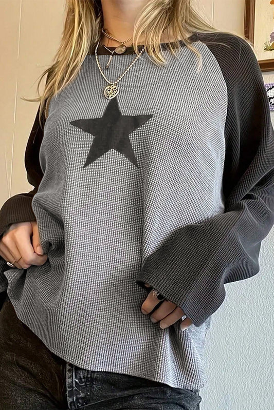 High Waffle Knit Colorblock Star Patch Graphic Raglan Top-Chaelisa's New Jammies