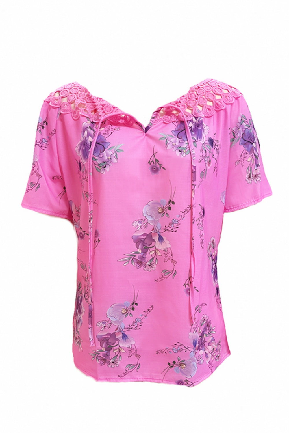 Full Size Printed Tie Neck Short Sleeve Blouse-Chaelisa's New Jammies