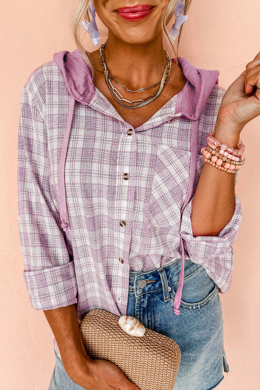 Pink Checkered Print Loose Fit Buttoned Hooded Shacket-Chaelisa's New Jammies