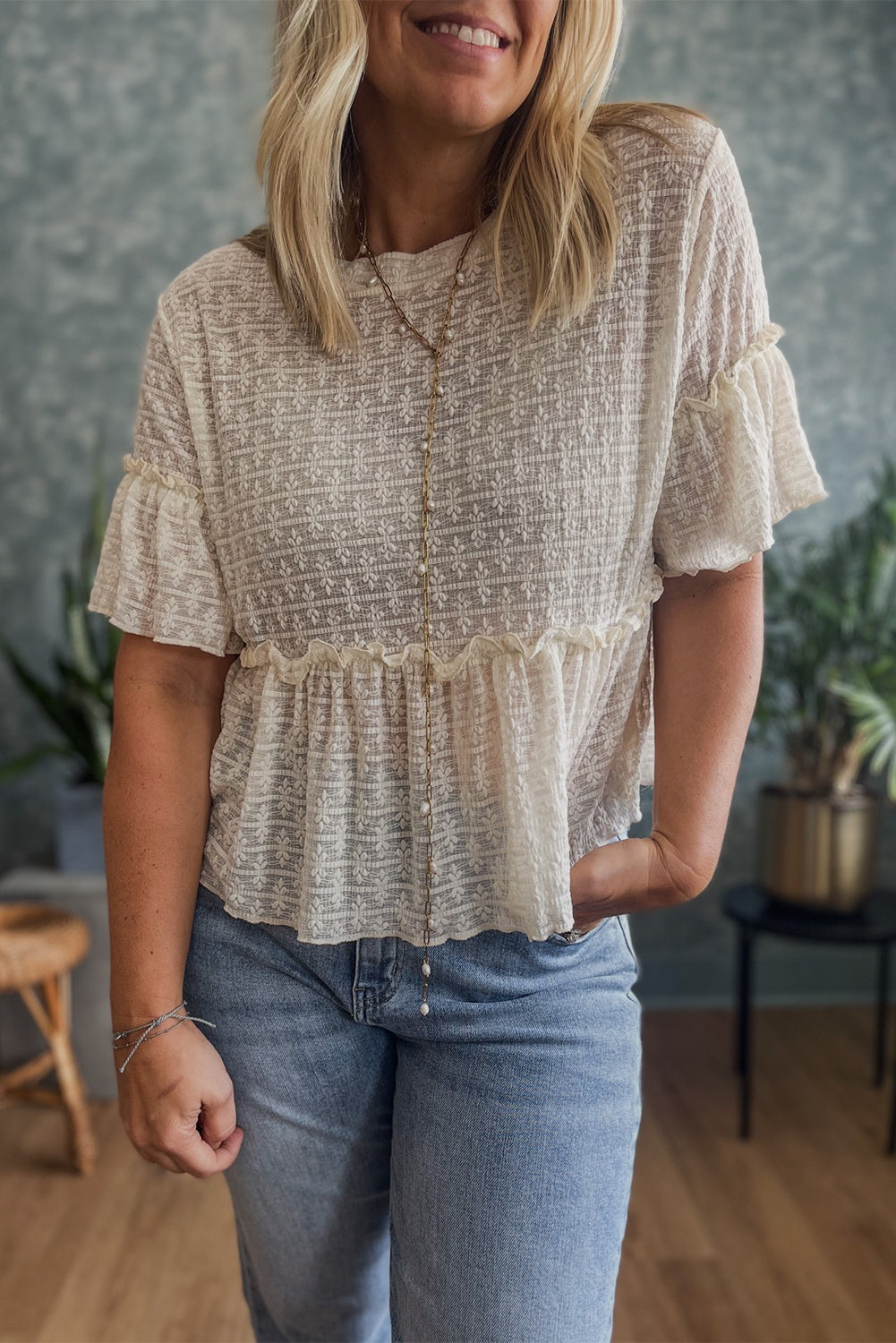 Beige Solid Color Textured Ruffled Short Sleeve Blouse-Chaelisa's New Jammies