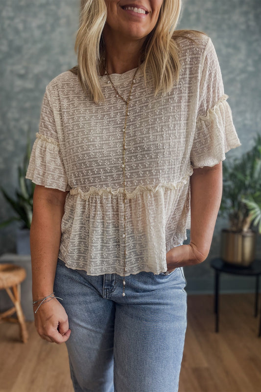 Beige Solid Color Textured Ruffled Short Sleeve Blouse-Chaelisa's New Jammies