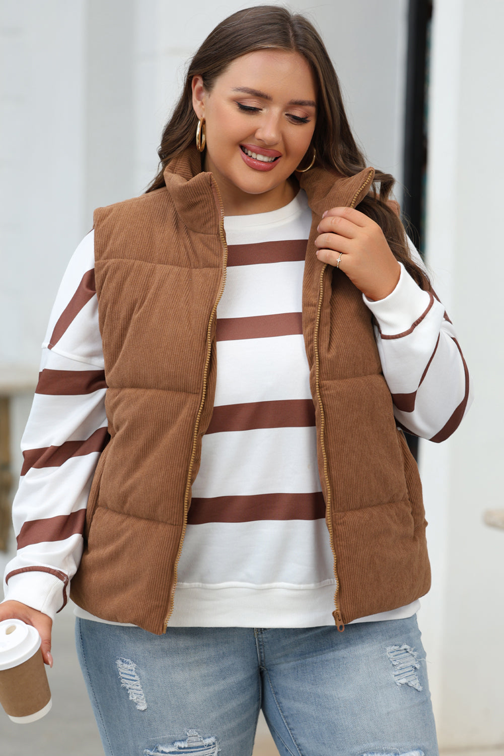 Coffee Corduroy Stand Neck Zipped Puffer Vest-Chaelisa's New Jammies