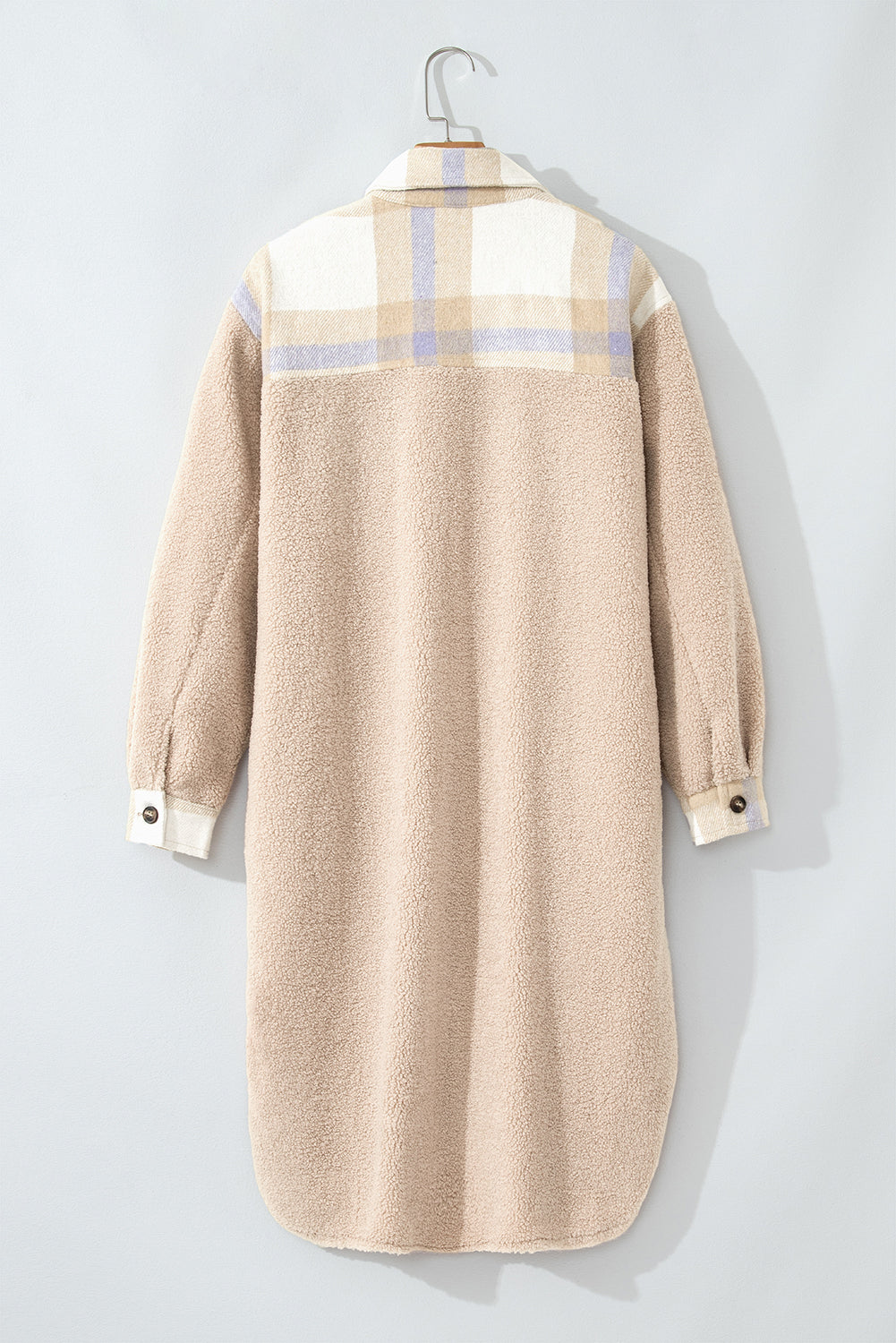 Smoke Gray Plaid Patchwork Collared Button-up Sherpa Long Coat-Chaelisa's New Jammies