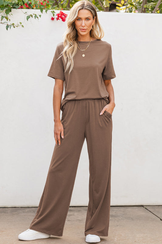Smoke Gray Solid Color T Shirt 2pcs Wide Leg Pants Set-Chaelisa's New Jammies