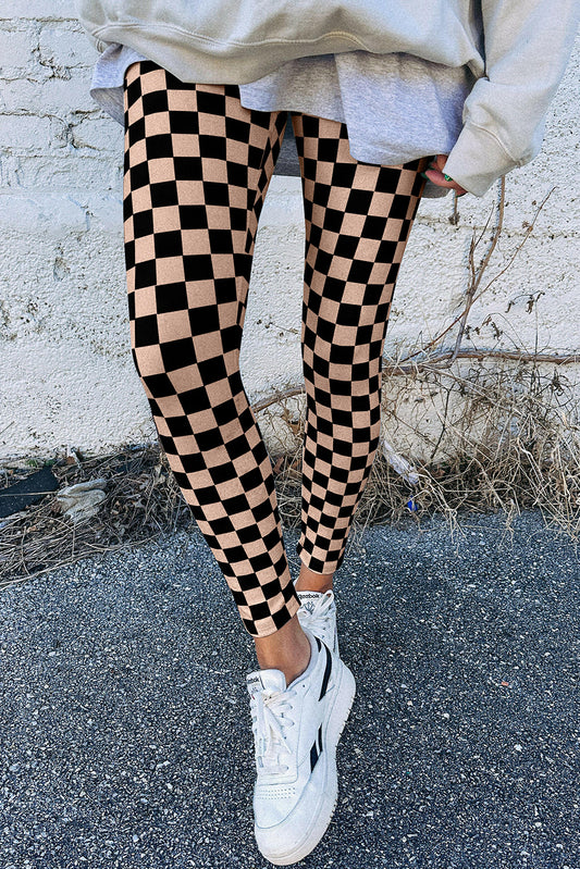 Khaki Checkered Pattern High Waist Skinny Leggings-Chaelisa's New Jammies