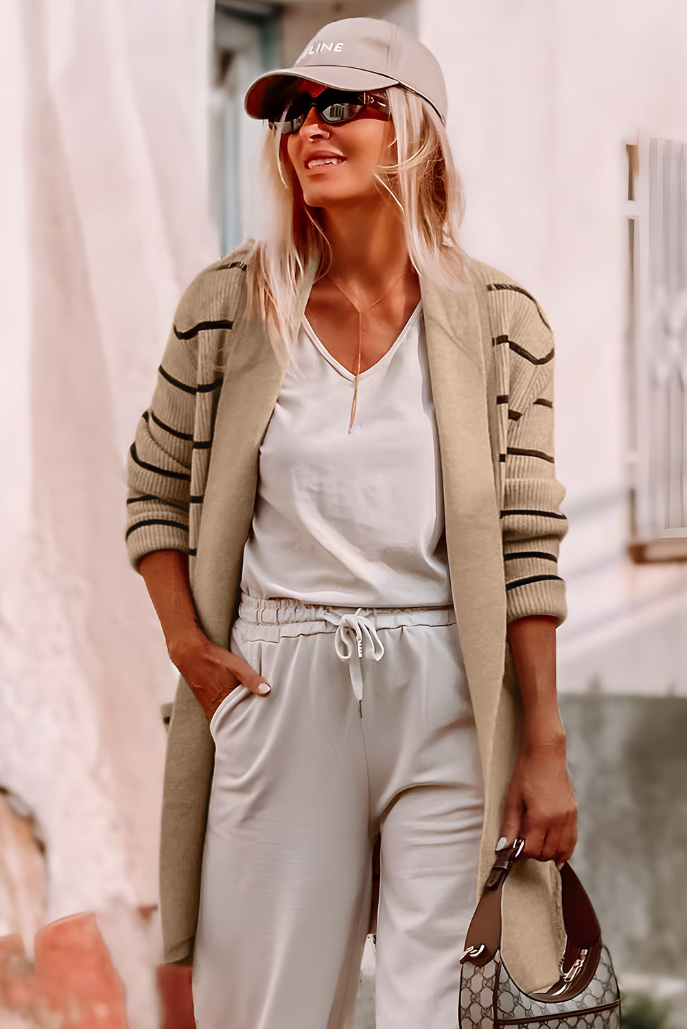 Black Stripe Shawl Neckline Open Cardigan with Pockets-Chaelisa's New Jammies