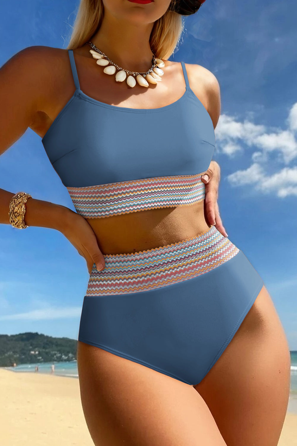 Dusk Blue Colorful Stitch Border Detail 2pcs High Waist Bikini Swimsuit