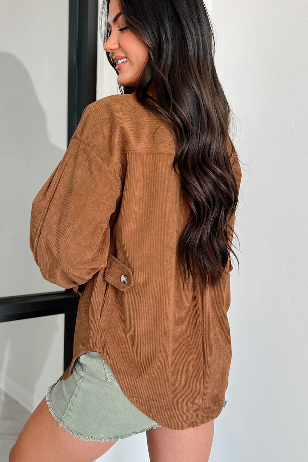 Cinnamon Corduroy Flap Pocket Button Up Round Hem Shacket-Chaelisa's New Jammies