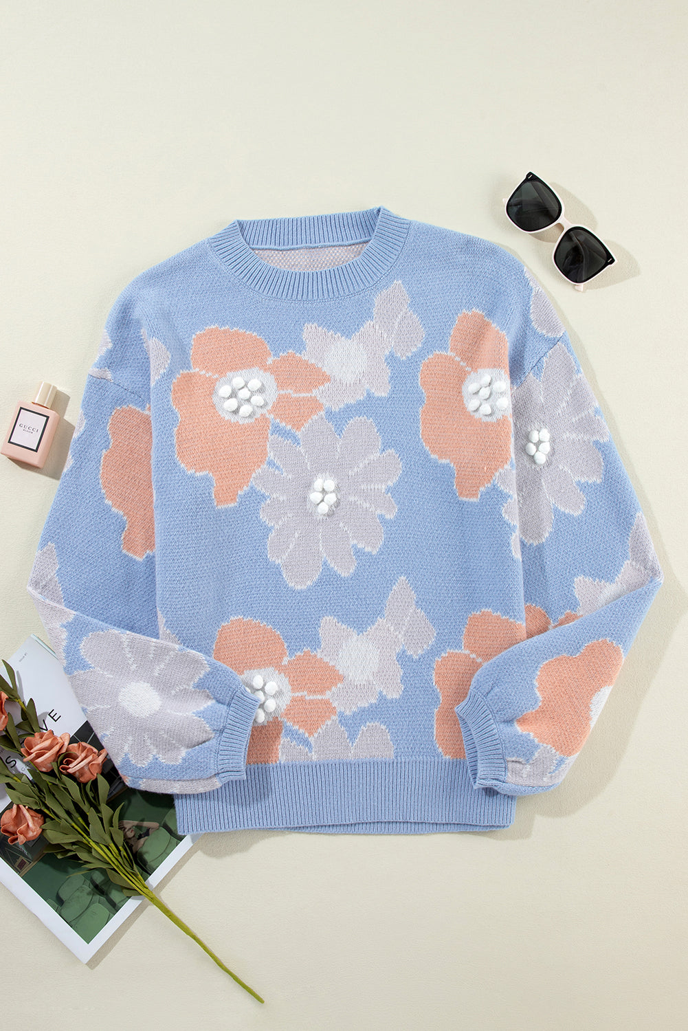 Beau Blue Floral O Neck Drop Shoulder Knitted Sweater-Chaelisa's New Jammies