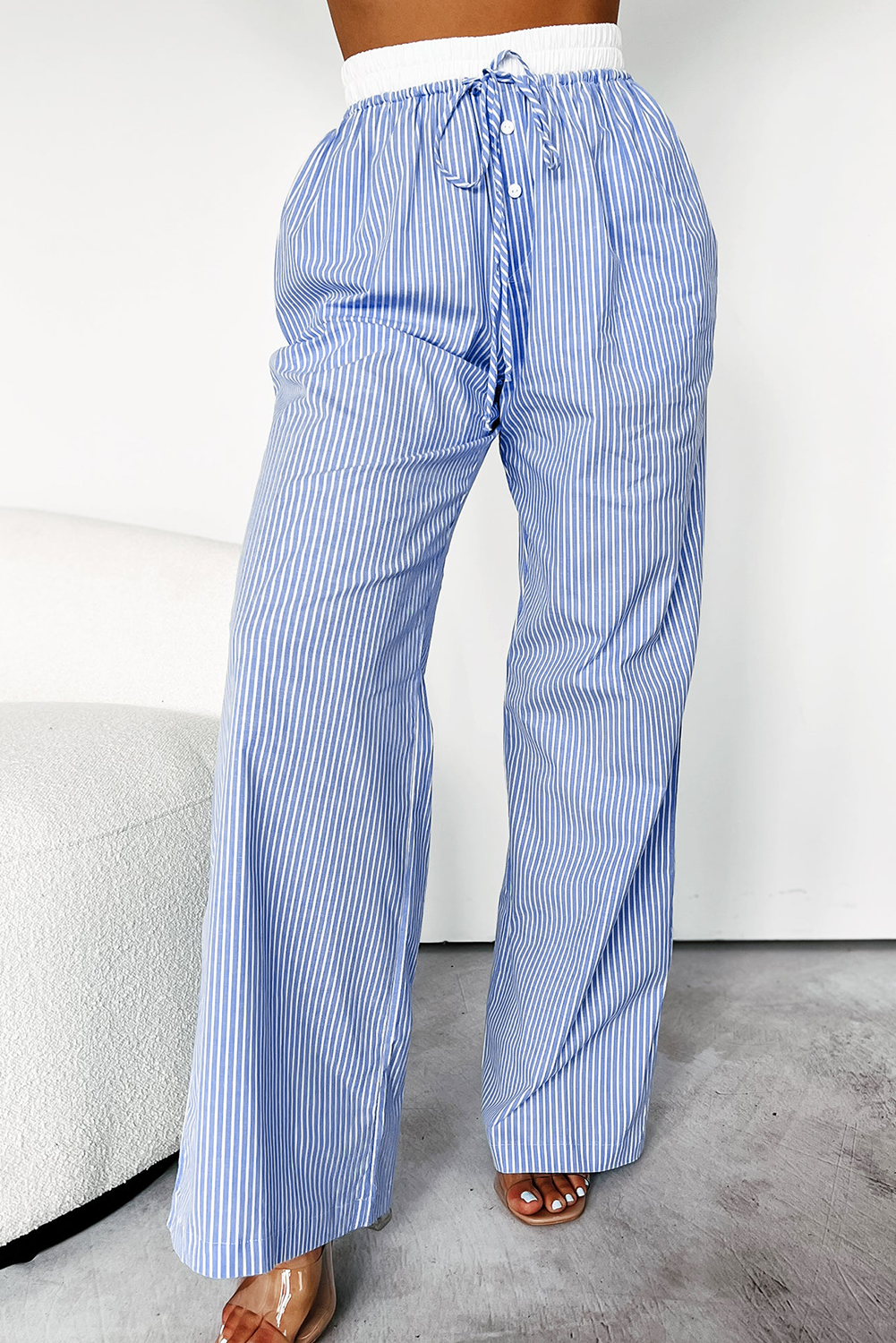 Sky Blue Stripe Wide Leg Buttoned Lace up Elastic High Waist Pants-Chaelisa's New Jammies
